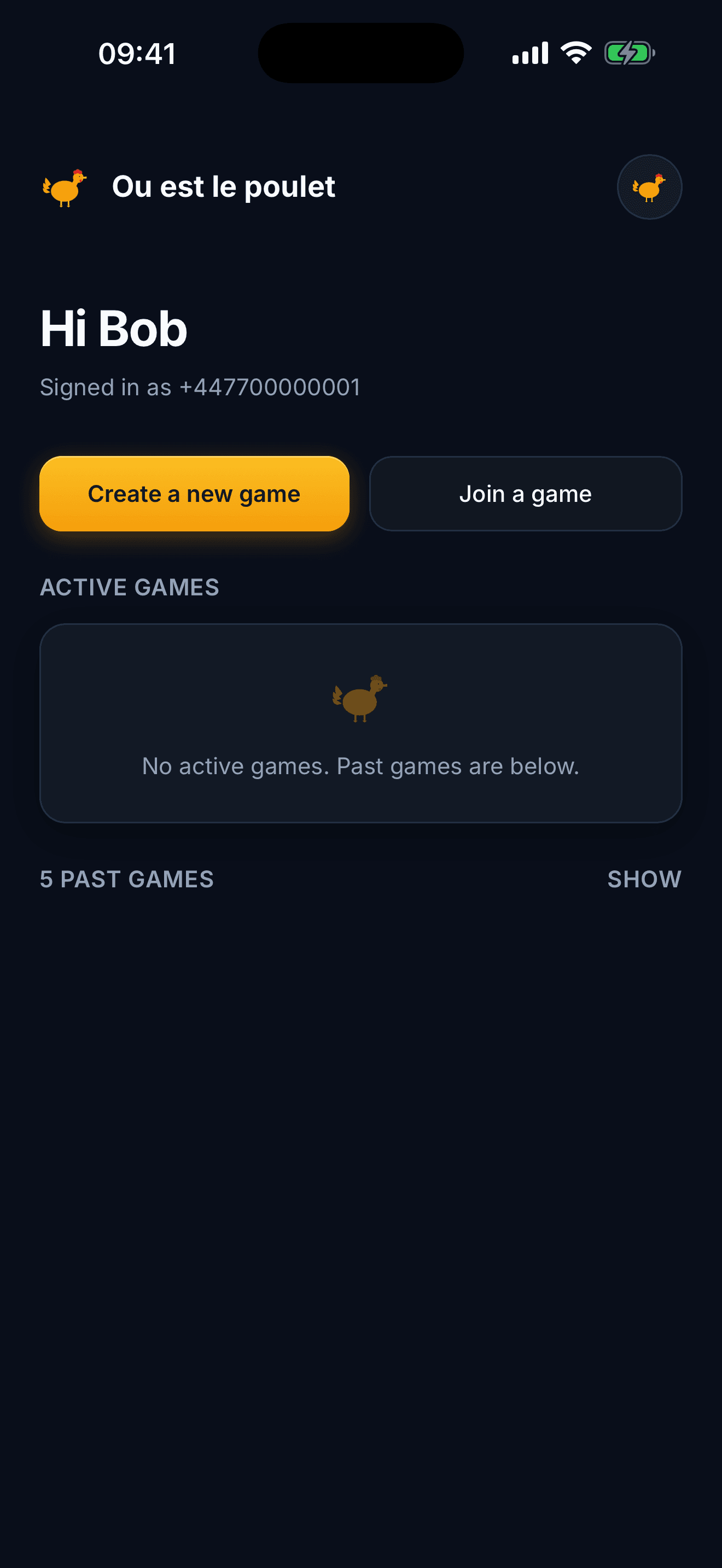 The app's home screen in dark mode — games list and create buttons.