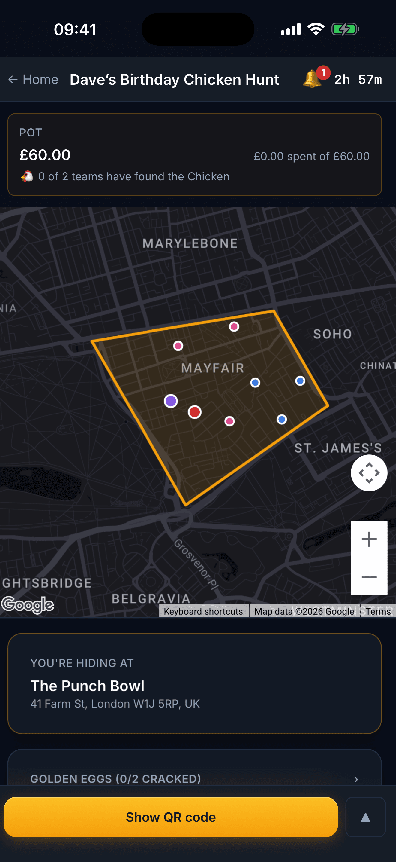 The live game map in dark mode — the amber play zone with team check-in markers.