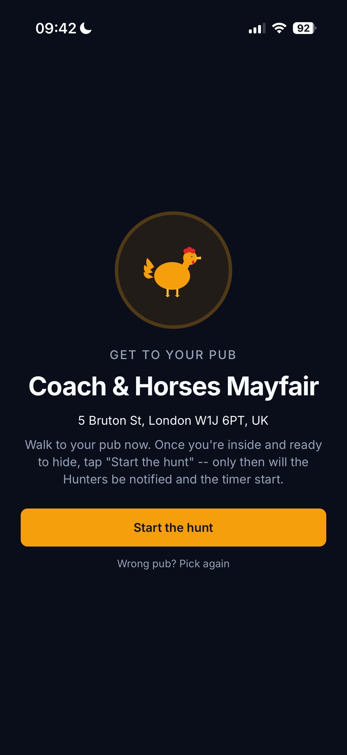 'You are The Chicken' screen — instructions for the player who is hiding.