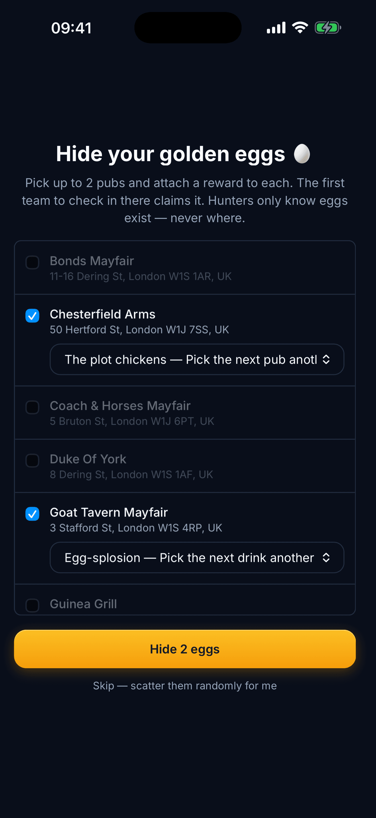 The 'Hide your golden eggs' screen — the Chicken attaching rewards to pubs before the hunt.