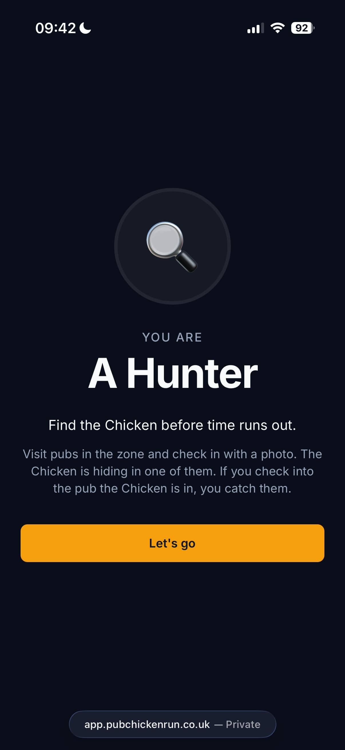 'You are A Hunter' screen — instructions for the players who are seeking.